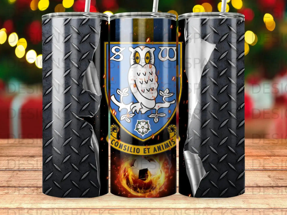 Sheffield Wednesday owl crest with flame soccer ball, on diamond plate tumbler.