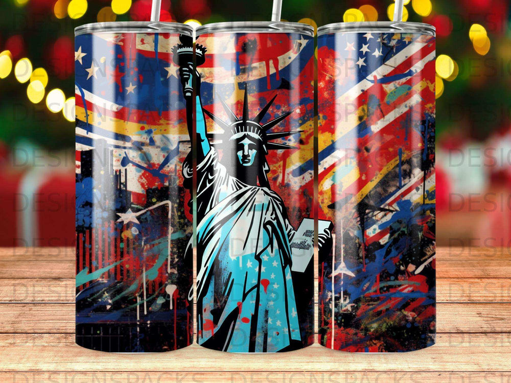 Statue of Liberty against a colorful, distressed American flag background.