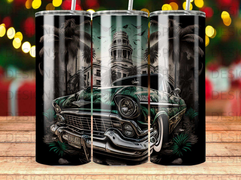 Vintage green car with palm trees and a building, on a tumbler.