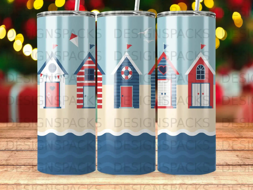 Beach huts on a striped background, with "DESIGNSPACKS" watermarked.