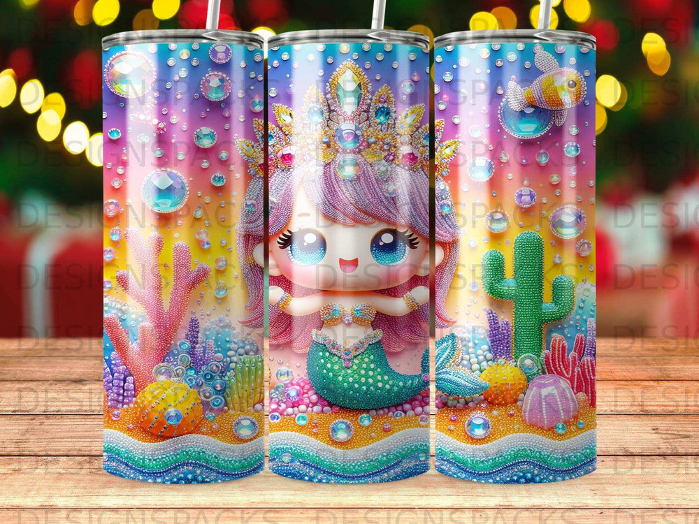Mermaid with crown and colorful coral reef on tumbler.