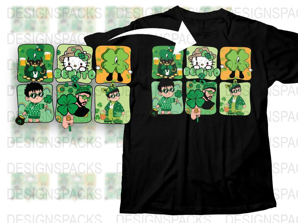 St. Patrick's Day themed t-shirt with cute green designs, shamrocks, and festive characters.