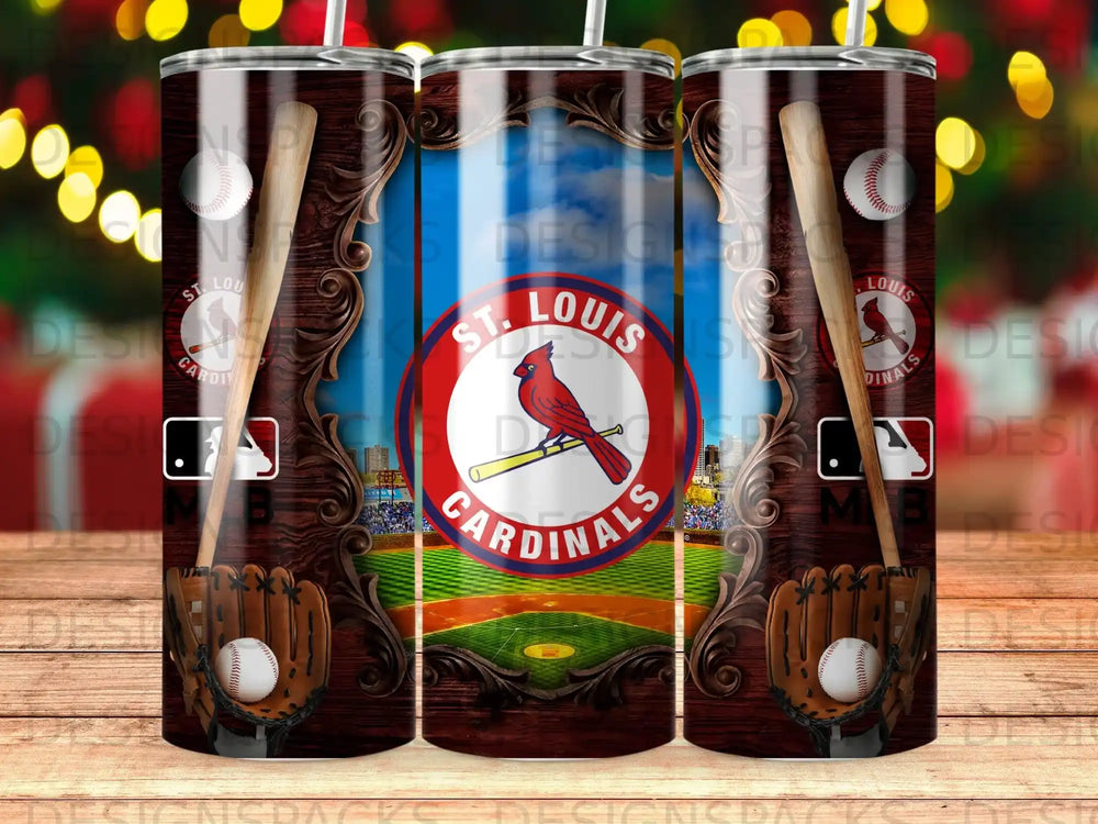 St. Louis Cardinals logo on a baseball-themed tumbler.