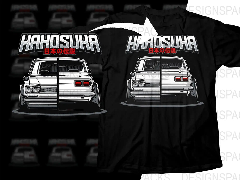 Hakosuka Japanese Legend car design on black t-shirt, print-ready graphic for DTG/DTF