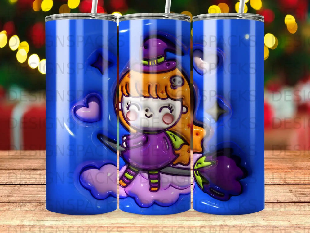 Cute witch on broomstick with colorful background and repeated watermark.