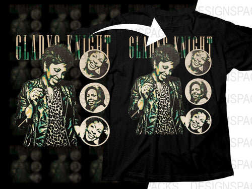 Gladys Knight t-shirt design with vintage portrait and circular headshots, print-ready for DTG or DTF