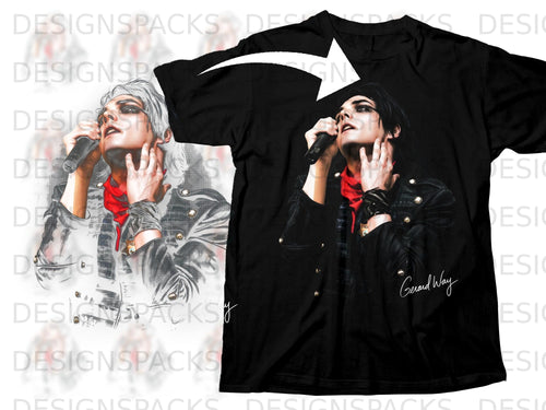 Black t-shirt featuring artwork of Gerard Way singing into a microphone.
