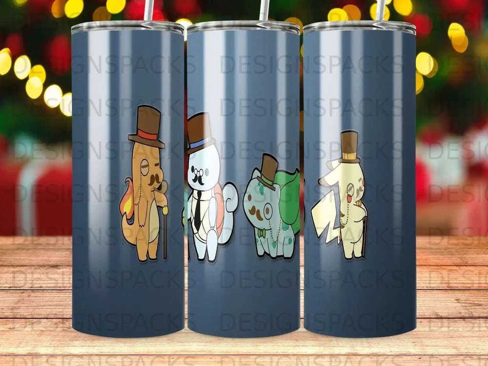 Two tumblers featuring cartoon characters in suits and hats, set against a blue gradient background.