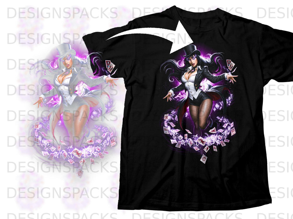 Illustration of a magician with playing cards on a black t-shirt.