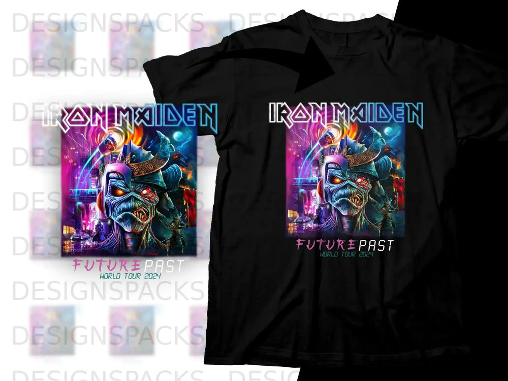 Iron Maiden Future Past World Tour 2024 graphic on black t-shirt.