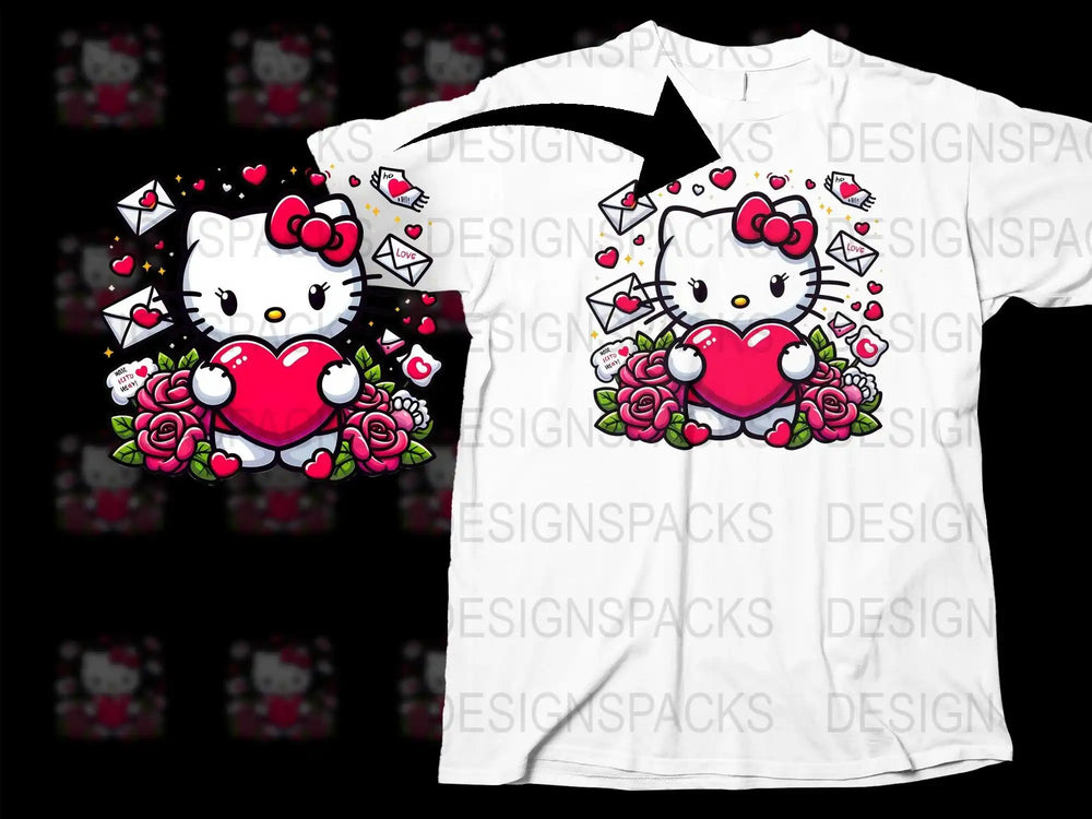 Hello Kitty holding heart with roses and love letters, print-ready design for t-shirts