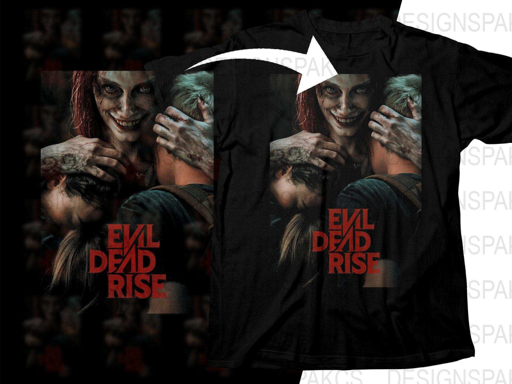 Evil Dead Rise horror movie t-shirt design with zombie woman graphic, print-ready for DTG or DTF