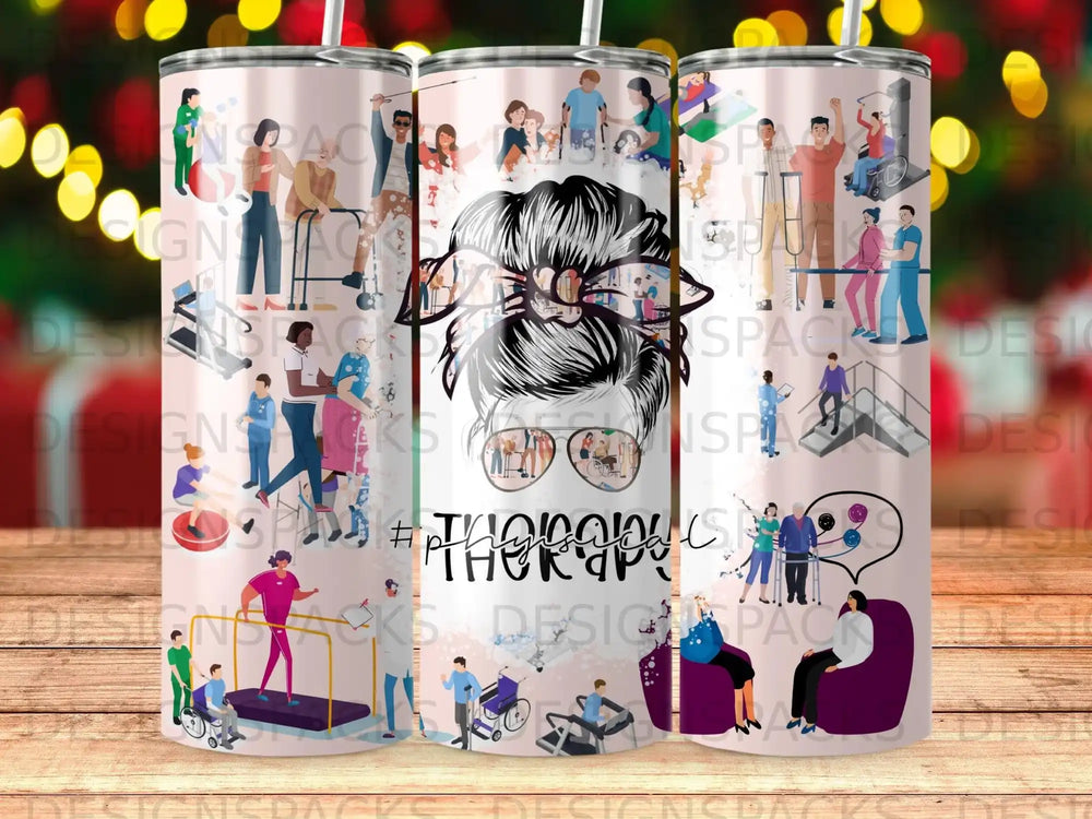 Tumbler with colorful cartoon people exercising and using wheelchairs.