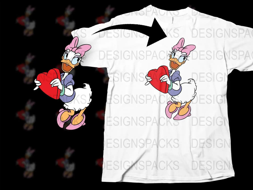 Daisy Duck holding red heart on white t-shirt, print-ready design for DTG/DTF