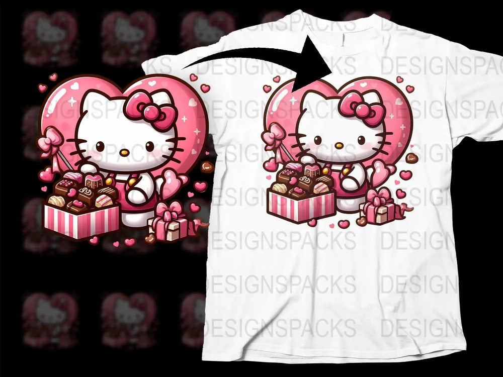 Hello Kitty with pink heart and chocolates, print-ready t-shirt design