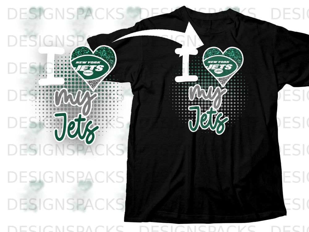 Black t-shirt with "I love my Jets" text and New York Jets heart logo.