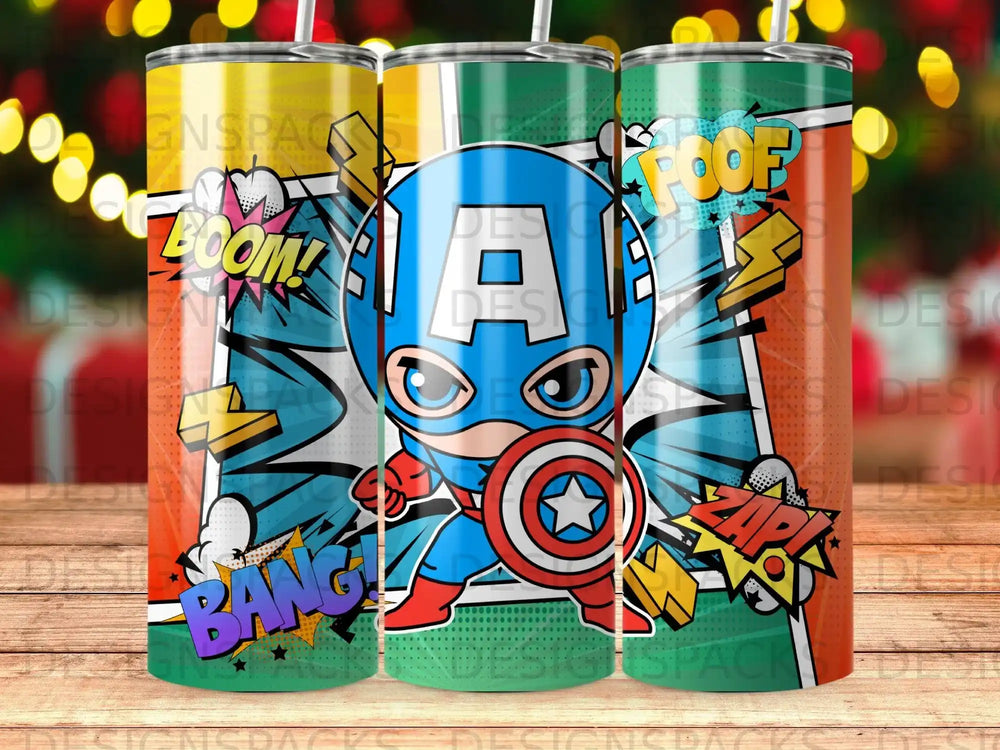 Captain America cartoon character on a colorful tumbler with comic book sound effects.