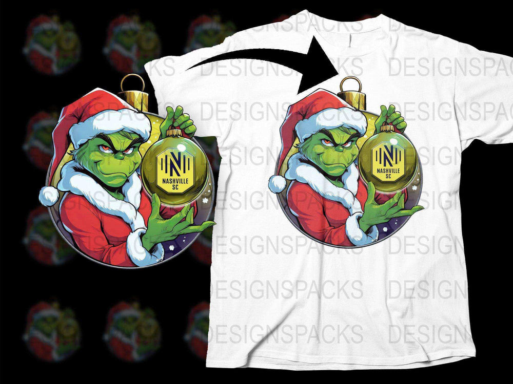 Grinch in Santa suit holding Nashville SC ornament, print-ready design for t-shirts