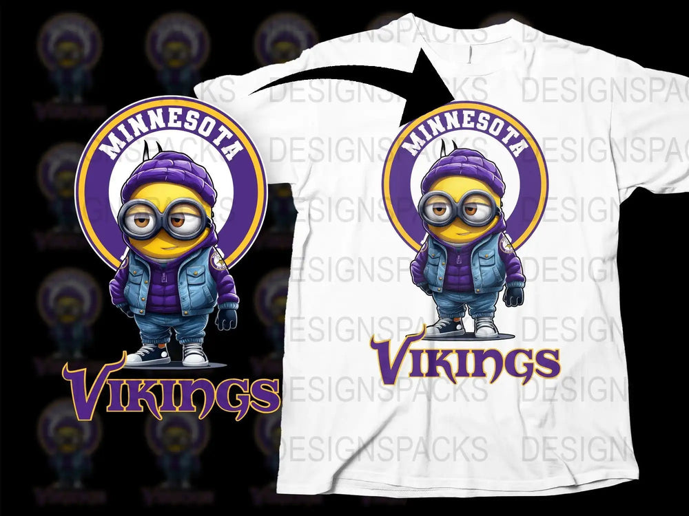 Minnesota Vikings Minion t-shirt design, print-ready for DTF/DTG, featuring purple and gold team colors