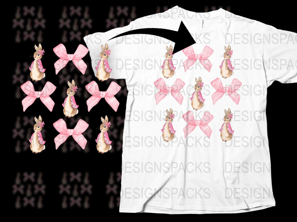 Pink Bow Bunny Graphic T-Shirt, Cute Rabbit Spring Fashion Tee, Unisex Casual Apparel