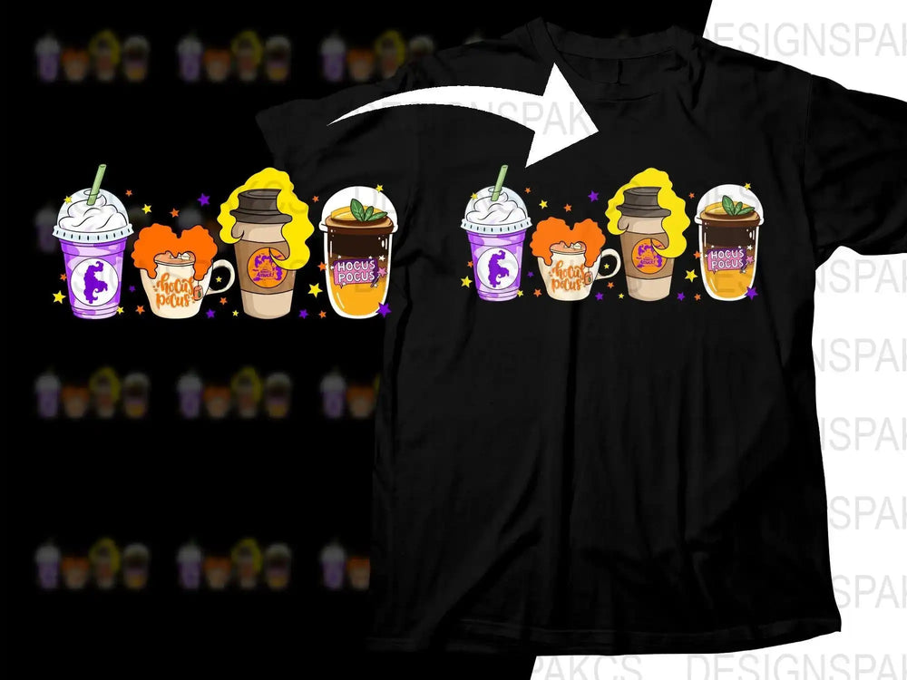Hocus Pocus-themed drink designs on black t-shirt, perfect for Halloween apparel