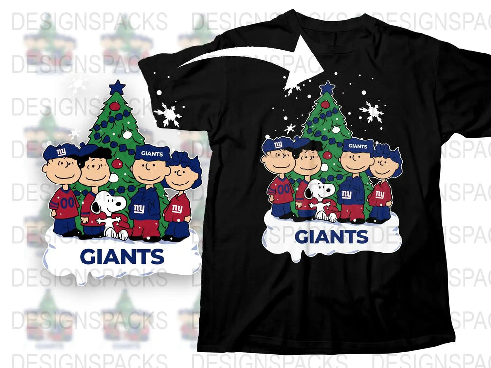 Peanuts Christmas design with Giants football team, snowflakes, and tree on black t-shirt, print-ready SVG