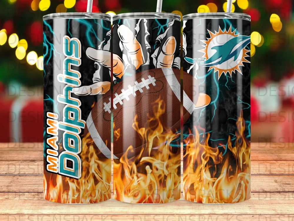 Miami Dolphins football tumbler with flames and team logo.