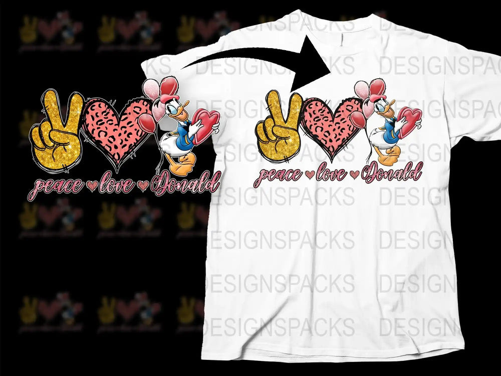 Peace Love Donald Duck t-shirt design with glitter peace sign and leopard heart