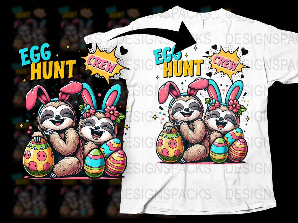 Easter Egg Hunt Crew sloths with bunny ears and colorful eggs on a white t-shirt design
