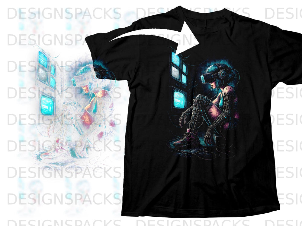 Black t-shirt featuring cyberpunk character wearing VR headset with glowing screens.