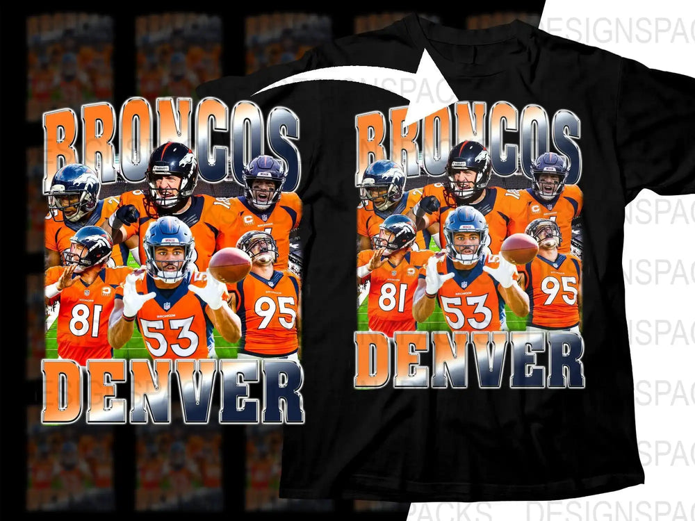 Denver Broncos football team design on black t-shirt, featuring players in orange jerseys and bold text.