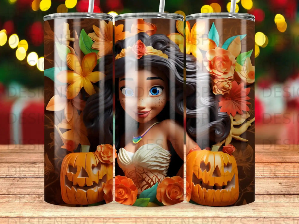 Cartoon girl with pumpkins and flowers, Fall theme tumbler.
