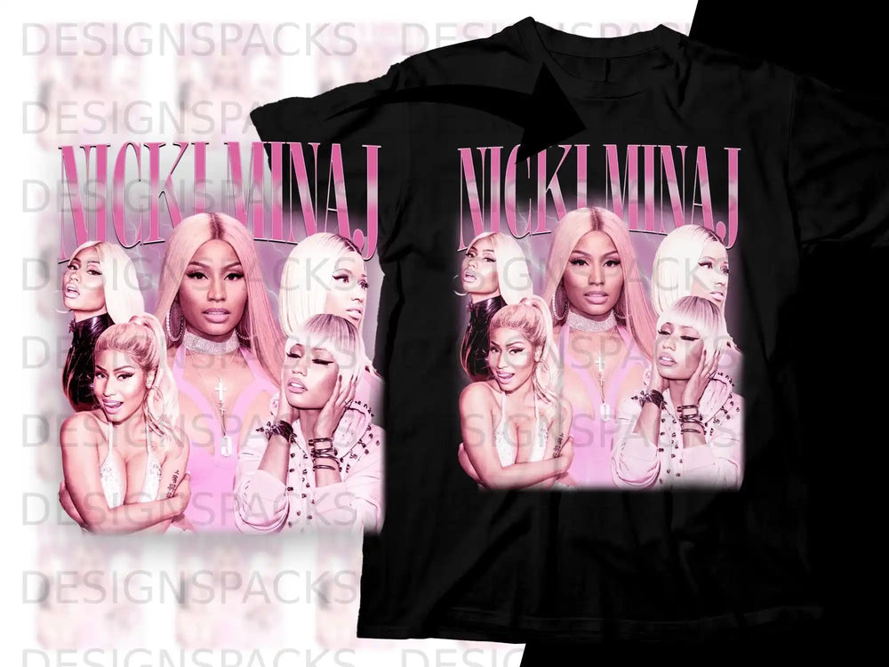 Nicki Minaj collage on black t-shirt.