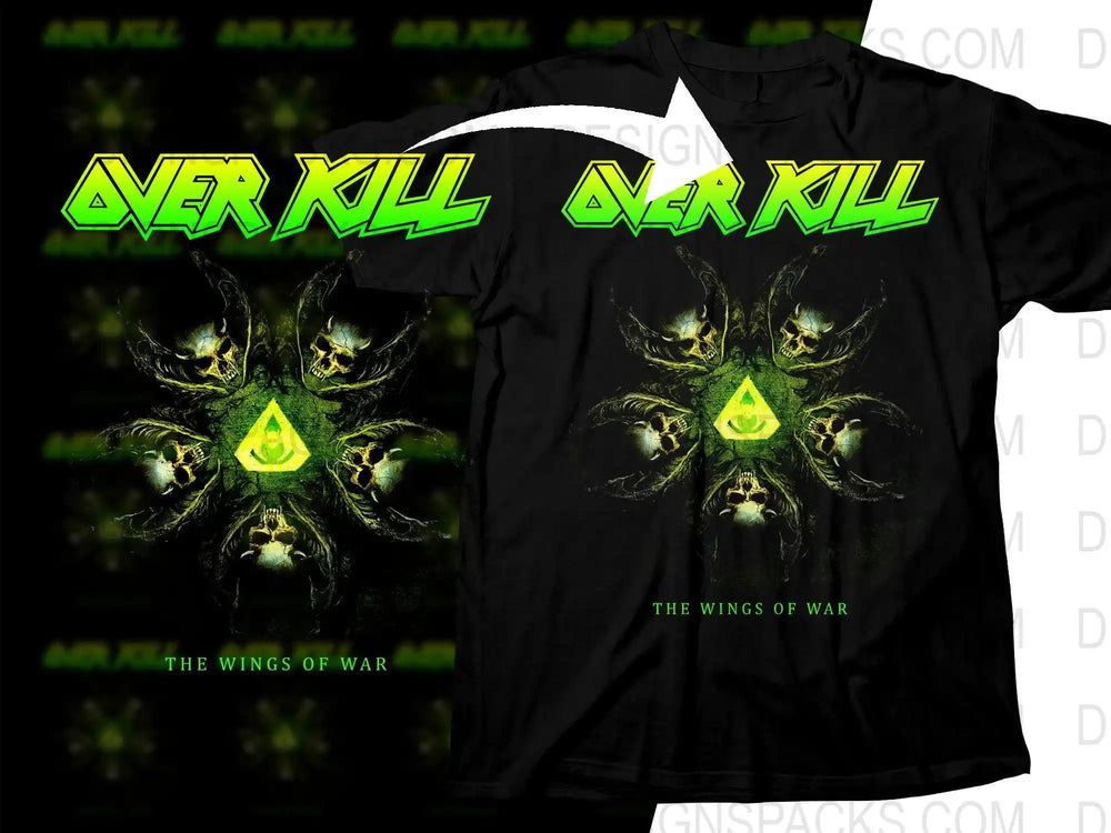 Overkill 'The Wings of War' t-shirt design with green skulls and triangle, print-ready graphic