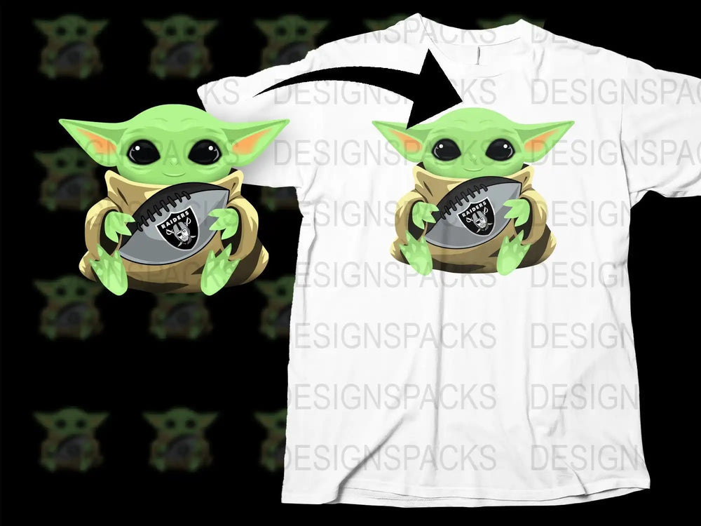 Baby Yoda holding Raiders football, print-ready design for t-shirts, DTF/DTG, SVG, PNG
