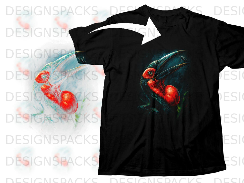 Black t-shirt with a detailed graphic of a stylized red bird with a large beak.