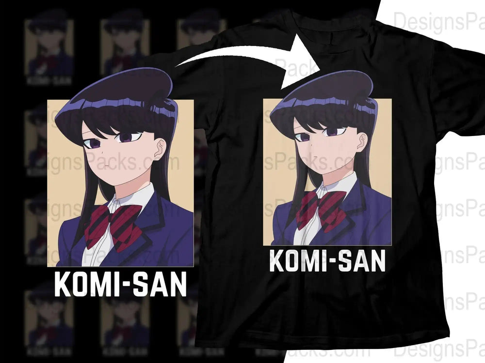 Komi-San anime character print on black t-shirt, school uniform design