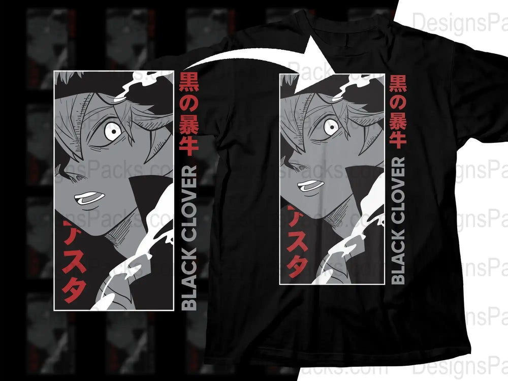 Black Clover anime t-shirt with Asta design, featuring Japanese text and bold graphics