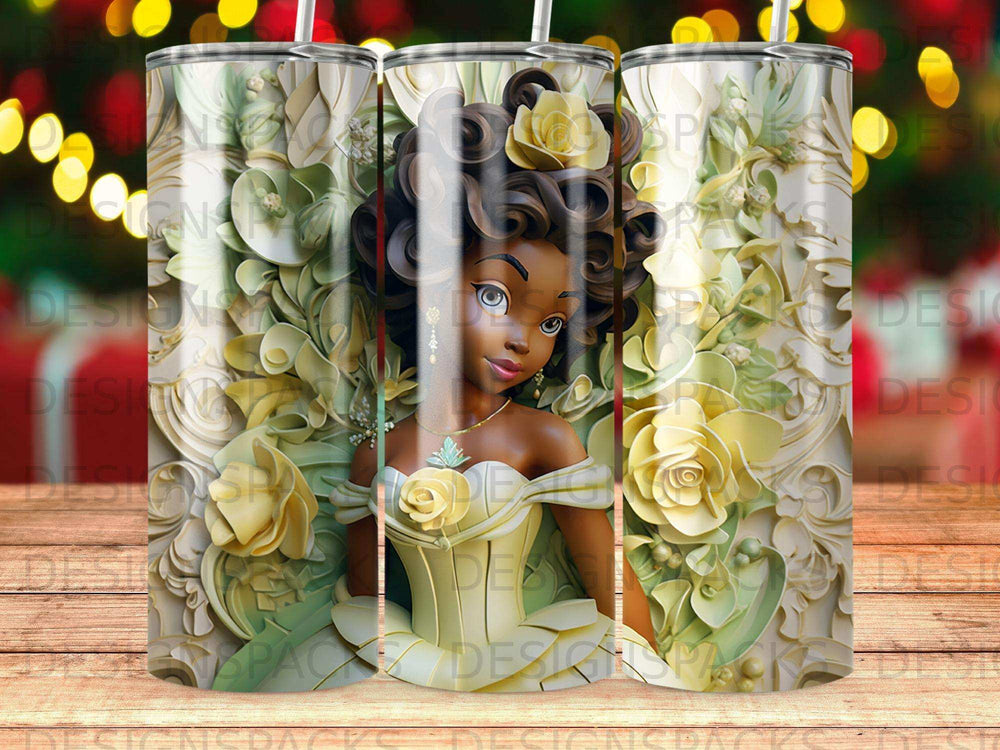 Girl with yellow flowers and leaves on a tumbler.