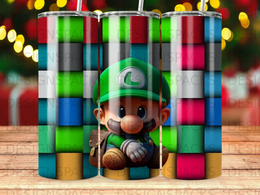 Luigi sitting cross-legged with a green hat and denim overalls.