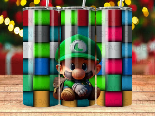 Luigi sitting cross-legged with a green hat and denim overalls.