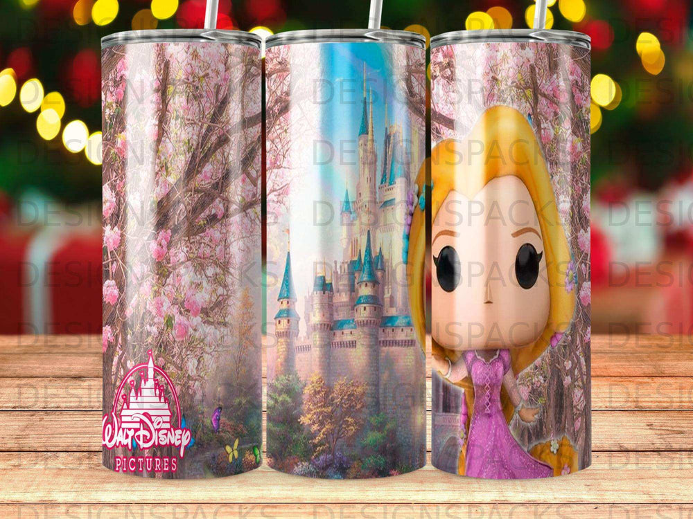 Tangled castle with Rapunzel, pink blossoms, and Walt Disney Pictures logo.