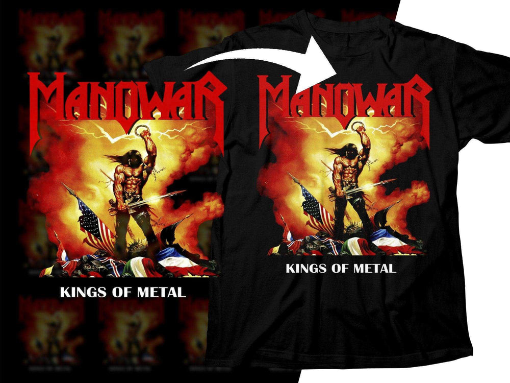 Manowar Kings of Metal t-shirt design with warrior and flags, print-ready graphic