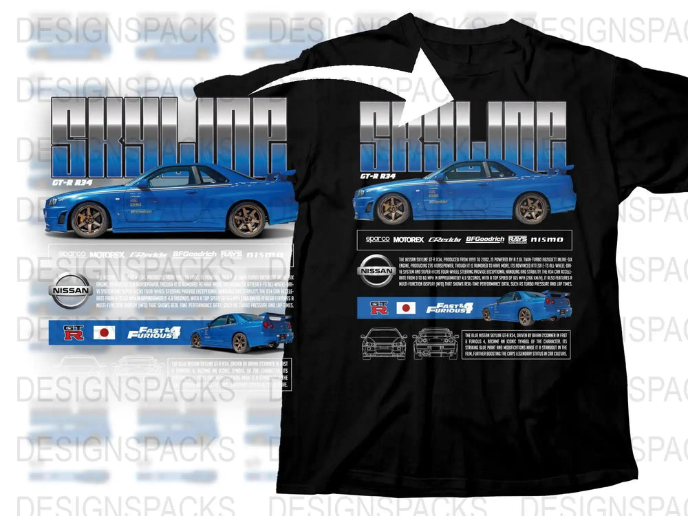 Blue Nissan Skyline GT-R R34 t-shirt design with Fast & Furious 4 details and car specs
