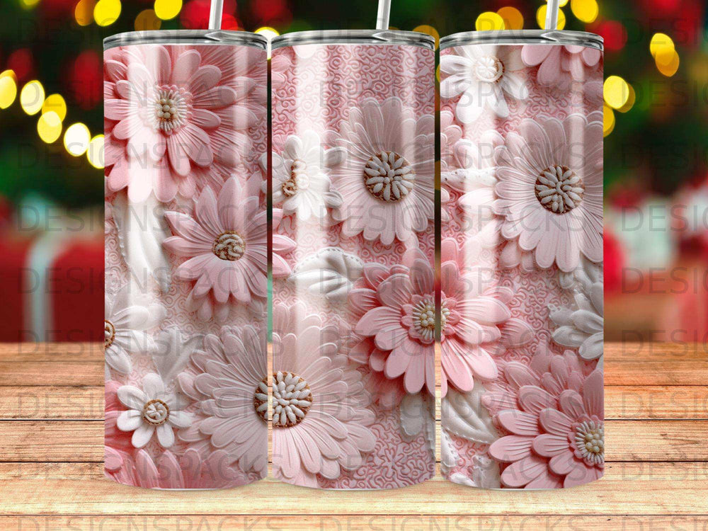 Pink floral pattern with textured daisies on a textured background.