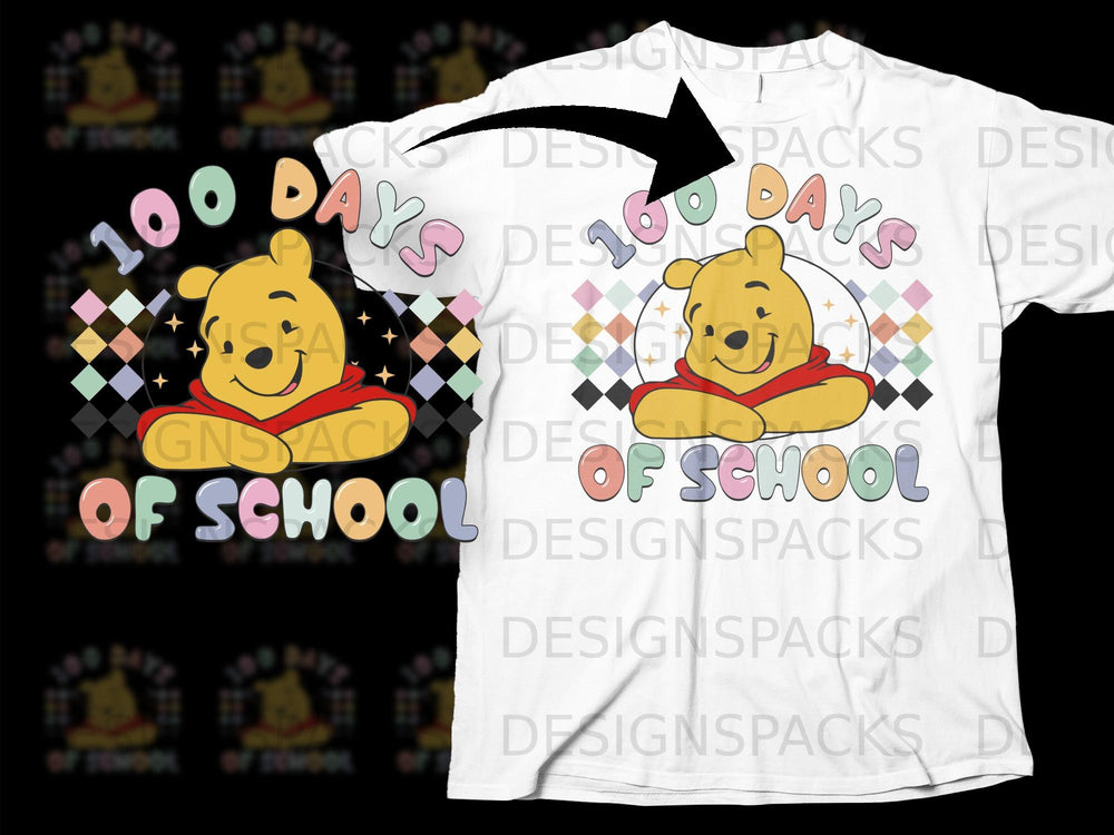 Winnie the Pooh celebrates 100 days of school with colorful letters and checkerboard background.