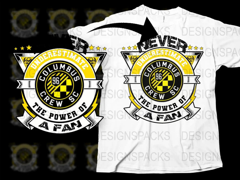 Columbus Crew SC fan design with 'Never Underestimate' slogan on white t-shirt, print-ready for DTG/DTF.