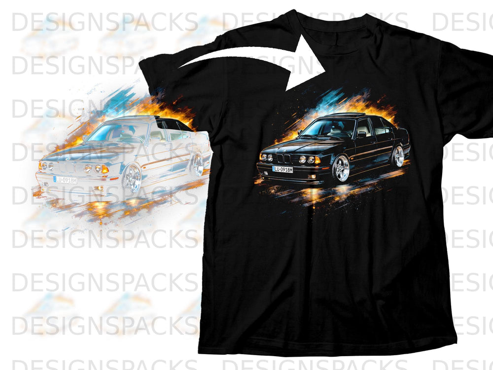 Black t-shirt with a graphic of a black BMW E34 sedan with flames.