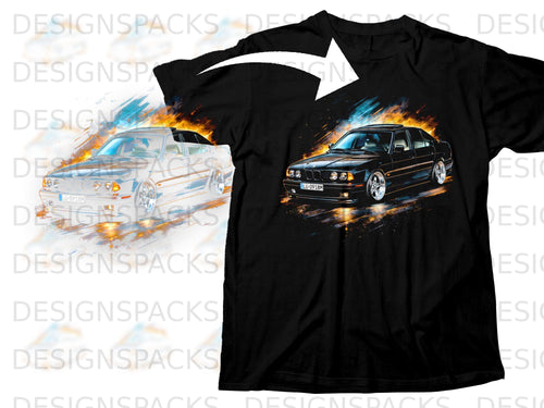 Black t-shirt with a graphic of a black BMW E34 sedan with flames.