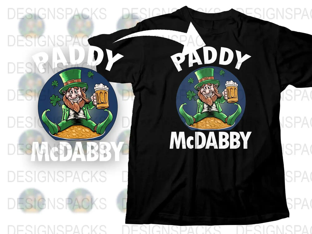 Paddy McDabby leprechaun design on black t-shirt with beer and shamrocks
